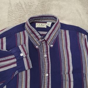 Vtg LL Bean Mens Sz L Tall Long Sleeve Button Up Shirt Blue Indigo Striped USA